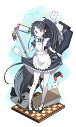  1girl apron aris_(blue_archive) aris_(maid)_(blue_archive) binary black_dress black_hair blue_archive blue_eyes card chessboard dress green_halo halo highres kutzuha long_hair maid maid_apron maid_headdress mop nintendo_switch nintendo_switch_pro_controller pantyhose playing_card ponytail star_(symbol) very_long_hair white_pantyhose 