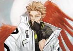  1boy black_gloves black_shirt blonde_hair boku_no_hero_academia closed_mouth feathered_wings fingerless_gloves gloves hand_on_own_face hand_up hawks_(boku_no_hero_academia) headphones highres jacket kogu_(nue_insideout) looking_at_viewer male_focus red_wings shirt short_hair solo upper_body white_jacket wings 