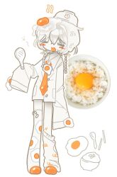  1girl bomal1215 braid colored_skin commentary egg_(food) english_commentary food food-themed_clothes highres holding long_hair long_sleeves low_twin_braids necktie orange_necktie original rice shirt simple_background single_leg_warmer solo standing twin_braids white_background white_hair white_shirt white_skin 
