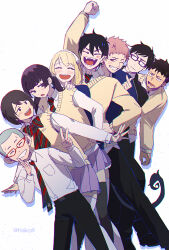  3girls 5boys ao_no_exorcist arm_up black_hair black_pants blonde_hair blush bow bowtie brown_hair closed_eyes collared_shirt commentary_request diagonal-striped_bow diagonal-striped_bowtie diagonal-striped_clothes facial_hair fangs glasses grin hair_between_eyes happy highres kamiki_izumo kohamustoto long_hair long_sleeves miwa_konekomaru mole mole_under_mouth moriyama_shiemi multiple_boys multiple_girls necktie okumura_rin okumura_yukio open_mouth paku_noriko pants partial_commentary pink_hair pleated_skirt pointy_ears purple_hair purple_skirt school_uniform shaved_head shima_renzou shirt short_hair simple_background skirt smile standing striped_clothes striped_necktie stubble suguro_ryuuji sweater sweater_vest tail twintails twitter_username v very_short_hair white_background 