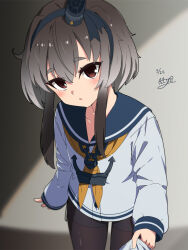  1girl anchor_necklace anchor_ornament black_hair black_thighhighs blue_sailor_collar brown_eyes clothes_tug dress gradient_hair grey_hair hat highres jewelry kantai_collection long_sleeves mini_hat multicolored_hair neckerchief necklace necono_(nekonosora1207) one-hour_drawing_challenge sailor_collar sailor_dress short_hair short_hair_with_long_locks smokestack_hair_ornament solo thigh-highs tokitsukaze_(kancolle) white_dress yellow_neckerchief 