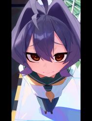  1girl absurdres ahoge brown_eyes closed_mouth commentary english_commentary foreshortening furrowed_brow green_sailor_collar green_skirt hair_between_eyes hair_intakes hakhpu highres hiiragi_utena long_sleeves looking_at_viewer mahou_shoujo_ni_akogarete neckerchief pillarboxed pleated_skirt purple_hair sailor_collar school_uniform shirt skirt solo standing train_station_platform white_shirt yellow_neckerchief 