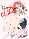  1girl bangs blush braid braided_bun breasts clenched_hand commentary_request cropped_legs dated from_above hair_bun hair_ornament hairclip looking_at_viewer looking_up love_live! love_live!_nijigasaki_high_school_idol_club medium_breasts medium_hair merry_christmas nijigasaki_academy_school_uniform open_mouth orange_hair outstretched_hand school_uniform signature single_side_bun smile solo swept_bangs teeth two-tone_background uehara_ayumu upper_teeth_only watanabe_keisuke yellow_eyes 