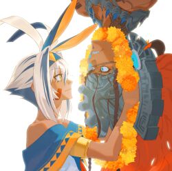  1boy 1girl absurdres animal_ears black_hair blue_eyes braid camazotz_(fate) crown dress facing_another fate/grand_order fate_(series) hair_between_eyes headband highres long_hair looking_at_another multicolored_hair nitocris_(fate) nitocris_alter_(fate) off-shoulder_dress off_shoulder old_chicksoup rabbit_ears sharp_teeth short_hair sidelocks simple_background smile tattoo teeth two-tone_hair upside-down white_background white_hair yellow_eyes 