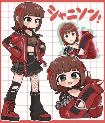  1girl amami_haruka belt black_belt black_collar black_shirt blush boots border brown_hair chain closed_mouth clothes_writing collar collarbone cropped_shirt cropped_torso deformed fis_(t83192933) fishnet_pantyhose fishnets frilled_skirt frills full_body green_eyes grid_background hair_ribbon hands_in_pockets hands_up highres idolmaster idolmaster_(classic) idolmaster_shiny_colors idolmaster_shiny_colors_song_for_prism jacket lace-up_boots long_sleeves looking_at_viewer midriff multiple_views navel open_clothes open_jacket open_mouth outline outside_border pantyhose red_boots red_border red_jacket red_ribbon ribbon shirt short_hair single_fishnet_legwear skirt smile standing torn_clothes torn_socks white_outline 