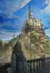  1girl blonde_hair blue_sky castle clouds european_architecture gwent_(game) highres long_hair non-web_source outdoors sky the_witcher_(series) tree 