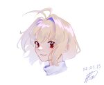  1girl antenna_hair arcueid_brunestud bangs blonde_hair commentary_request dated hair_intakes highres looking_at_viewer portrait red_eyes roman_komarov short_hair sidelocks signature simple_background smile solo tsukihime turtleneck white_background 