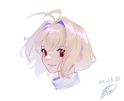  1girl antenna_hair arcueid_brunestud bangs blonde_hair commentary_request dated hair_intakes highres looking_at_viewer portrait red_eyes roman_komarov short_hair sidelocks signature simple_background smile solo tsukihime turtleneck white_background 