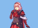  1girl armor blue_background braid breastplate covered_navel english_commentary fire_emblem fire_emblem_engage glaceo gloves grey_hairband hair_ribbon hairband lapis_(fire_emblem) looking_at_viewer pink_eyes pink_hair pixel_art red_armor red_hairband ribbon short_hair simple_background solo swept_bangs tight two-tone_hairband white_ribbon 