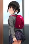  1girl absurdres backpack bag bangs black_hair blurry blurry_background blush brown_eyes closed_mouth collared_shirt commentary_request depth_of_field from_behind grey_jacket hair_ornament hair_scrunchie highres jacket matsunaga_kouyou nose_blush original plaid plaid_skirt pleated_skirt purple_skirt randoseru school_uniform scrunchie shirt skirt smile solo white_scrunchie white_shirt window 