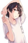  1girl arm_over_head black_eyes black_hair blush collarbone d: head_tilt highres interlocked_fingers looking_at_viewer original ryuunosuke_(luckyneco) shirt short_hair short_sleeves sideways_glance simple_background solo t-shirt white_background white_shirt 