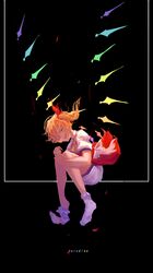  1girl absurdres ascot bangs black_background blonde_hair bloomers collared_shirt crystal flandre_scarlet full_body hair_ribbon head_tilt highres howah18 hugging_own_legs looking_at_viewer medium_hair no_headwear no_shoes one_side_up open_mouth red_ribbon red_skirt red_vest removing_sock ribbon shirt skirt smile socks solo torn_clothes torn_skirt touhou underwear vest white_bloomers white_shirt white_socks wings yellow_ascot yellow_eyes 