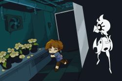  2020 2d 2others ambiguous_gender artist_name brown_hair child digital_media flower frisk_(undertale) human in-universe_location indoors mirror monster pipe plant potted_plant reaper_bird short_hair sopuu undertale walking yellow_flower 