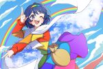  1girl absurdres blue_eyes blue_hair blue_sky cape clouds dress highres index_fingers_raised medium_hair miz_(mizillustration) multicolored_clothes multicolored_dress multicolored_hairband one_eye_closed open_mouth pointing pointing_forward pointing_up rainbow sky sky_print tenkyuu_chimata touhou white_cape zipper 