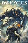 2boys absurdres armor axe battle battle_axe breastplate character_request cover cover_page dark_souls_(series) faulds fighting_stance full_armor full_body gauntlets gloves glowing glowing_eyes glowing_mouth greaves helmet highres holding holding_shield holding_sword holding_weapon knight metal_boots multiple_boys official_art pauldrons shield shoulder_armor size_difference standing sword weapon yellow_eyes 