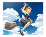  1girl apron black_dress black_footwear black_headwear blonde_hair blue_sky bow braid breasts broom broom_riding buttons closed_eyes clouds collared_shirt commentary_request day dress flying full_body hair_bow hat hat_bow highres howah18 jewelry kirisame_marisa long_hair mary_janes medium_breasts necklace open_mouth outdoors pinafore_dress shirt shoes short_sleeves single_braid sky smile socks solo star_(symbol) star_necklace teeth touhou upper_teeth_only waist_apron waving white_apron white_bow white_shirt witch_hat 