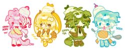  4girls animal_ears banana blonde_hair blue_hair bomal1215 cat_ears cat_girl cat_tail chibi chibi_only closed_eyes colored_skin commentary dog_ears dog_girl dog_tail dress english_commentary english_text food food-themed_clothes fruit green_hair highres holding holding_spoon ice_cream ice_cream_float long_hair multiple_girls original pink_hair short_hair simple_background spoon strawberry tail tea_leaves twintails white_background white_skin 