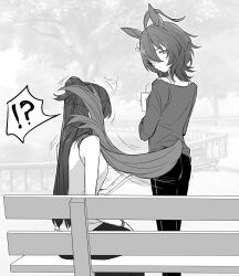  !? 2girls ^^^ agnes_tachyon_(umamusume) ahoge animal_ears bare_arms bare_shoulders bench closed_mouth commentary_request cup disposable_cup drinking_straw feet_out_of_frame female_trainer_(umamusume) fence from_behind greyscale hair_bun hair_over_one_eye half-closed_eyes highres holding holding_cup horse_ears horse_girl horse_tail long_hair long_sleeves monochrome multiple_girls on_bench outdoors pants park park_bench shirin_(tsukimiyagura) shirt short_hair single_hair_bun sitting slapping sleeveless sleeveless_sweater speech_bubble standing surprised sweater tail tail_on_face tail_slapping trainer_(umamusume) tree umamusume unhappy wolf_cut 