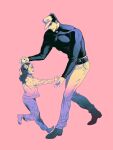  1boy 1girl aged_down barefoot closed_eyes closed_mouth dancing diamond_wa_kudakenai father_and_daughter female_child full_body hair_bun happy hat highres holding_hands jojo_no_kimyou_na_bouken korean_commentary kujo_jolyne kujo_jotaro lemona633 long_hair long_sleeves looking_at_another multicolored_hair muscular muscular_male pajamas pants pink_background shoes short_hair smile two-tone_hair 