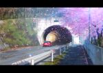  absurdres car cherry_blossoms day falling_petals fence grass ground_vehicle highres moss motor_vehicle no_humans original outdoors pavement petals railing road scenery sumassha_t_t traffic_barrier tree tunnel 