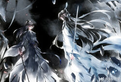  2boys arms_at_sides black_hair black_hanfu black_robe blindfold blue_sash brown_eyes chinese_clothes chinese_commentary facing_away feet_out_of_frame hair_between_eyes hanfu high_ponytail holding holding_sword holding_weapon jian_(weapon) light_particles long_hair long_sleeves looking_at_another male_focus modao_zushi multiple_boys ponytail reverse_grip robe sash shards standing sword topknot watermark weapon weibo_watermark white_blindfold white_hanfu white_robe wide_sleeves xiao_guan_(headdress) xiao_xiao_zuowen xiao_xingchen xue_yang 