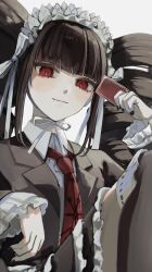  1girl black_hair black_jacket black_nails blush bonnet card celestia_ludenberg danganronpa:_trigger_happy_havoc danganronpa_(series) danganronpa_v3:_killing_harmony drill_hair earrings eyelashes frilled_jacket frills gothic_lolita headdress highres holding holding_card jacket jewelry lolita_fashion long_hair long_sleeves looking_at_viewer mu3mumi nail_polish necktie playing_card print_necktie red_eyes red_necktie shirt sitting smile solo twin_drills twintails v-bangs white_background 