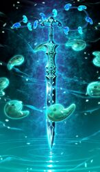  aqua_background aqua_theme commentary fate/grand_order fate_(series) glowing kusanagi_no_tsurugi_(fate) magatama no_humans official_art ripples still_life sword third-party_source weapon weapon_focus yume32ki 