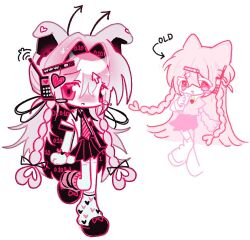 1girl 2000s_(style) animal_ears black_shoes blush bomal1215 braid commentary cursor english_commentary hair_ornament heart heart_hair heart_hair_ornament long_hair looking_at_viewer loose_socks multiple_views necktie original pink_eyes pink_hair pink_theme school_uniform self-harm_scar serafuku shoes simple_background skirt socks standing standing_on_one_leg twin_braids very_long_hair white_background 