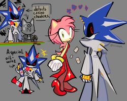  1boy 1girl absurdres alternate_costume amy_rose animal_ears animal_nose black_pantyhose black_sclera blue_fur bracelet chibi chibi_inset colored_sclera dress earrings flower full_body furry furry_female furry_male gloves gold_bracelet green_eyes grey_background hairband hedgehog_boy hedgehog_girl highres humanoid_robot jewelry looking_at_viewer male_focus metal_sonic multiple_rings multiple_views neo_metal_sonic pantyhose pink_fur pink_hair red_dress red_eyes red_flower red_hairband red_rose red_shoes ring robot rose sczawr shoes short_tail simple_background sitting sonic_(series) sonic_the_hedgehog_(idw) standing suit tail white_gloves white_suit 