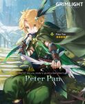  1boy bangs blonde_hair bow_(weapon) cape commentary english_commentary green_cape green_eyes green_pants grimlight grin male_focus official_art pants peter_pan_(grimlight) pointy_ears sitting smile solo weapon 