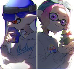  2girls artist_name black_hat blonde_hair blue_bow blue_hairband blunt_bangs bow bow_hairband card chromatic_aberration closed_mouth commentary_request creature drawstring gradient_hair grey_hoodie grey_sweater hair_behind_ear hair_bow hairband hat highres holding holding_card holding_creature hood hood_down hoodie inkling inkling_girl inkling_player_character long_hair long_sleeves multicolored_hair multiple_girls nuo_001 open_mouth pink_hair playing_card pointy_ears purple_hair red_eyes salmonid short_hair smallfry_(splatoon) smile splatoon_(series) splatoon_3 sweater tentacle_hair violet_eyes visor_cap watermark white_background 