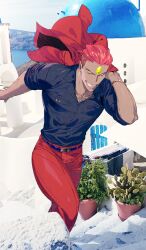  1boy ashwatthama_(fate) ashwatthama_(tour_outfit)_(fate) belt black_belt black_shirt bracelet chain chain_bracelet chain_necklace collared_shirt commentary dark-skinned_male dark_skin day fate/grand_order fate_(series) feet_out_of_frame forehead_jewel gold_bracelet gold_chain gold_necklace grin hair_slicked_back holding holding_jacket holding_unworn_clothes jacket jacket_over_shoulder jewelry male_focus necklace official_art outdoors pako_(pakosun) pants parted_lips photo_background red_hair red_pants shirt sleeves_rolled_up smile solo sunlight teeth third-party_source undercut unworn_jacket walking yellow_eyes 