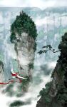  1other bird black_hair cape chinese_commentary cliff commentary_request crane_(animal) dated day fantasy flying fog forest highres mugon nature original outdoors red-crowned_crane red_cape riding scenery wide_shot 