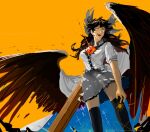  1girl arm_cannon bangs bird_wings black_hair black_sun black_thighhighs bow breasts brown_hair brown_wings buttons cape collared_shirt colored_inner_hair commentary control_rod feet_out_of_frame frilled_shirt_collar frilled_skirt frills grey_bow grey_skirt hair_bow howah18 long_hair looking_at_viewer medium_breasts multicolored_hair open_mouth orange_background orange_eyes print_cape reiuji_utsuho shirt short_sleeves skirt smile solo starry_sky_print sun teeth thigh-highs third_eye touhou upper_teeth_only weapon white_cape white_shirt wings 