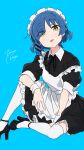  1girl absurdres alternate_costume blue_hair bocchi_the_rock! enmaided green_eyes highres maid maid_headdress short_hair simple_background sitting solo strap_slip thigh-highs tongue tongue_out v white_thighhighs yamada_ryou zetsuyo_chimayo 