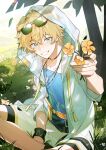  1boy absurdres animal_ears arknights belt belt_buckle blonde_hair blue_eyes blue_shirt blush buckle chinese_commentary collarbone commentary_request dog_boy dog_ears eyewear_on_head flower grass highres holding holding_flower hood hood_up hooded_jacket infection_monitor_(arknights) jacket looking_at_viewer male_focus open_clothes open_jacket orange_belt parted_lips shirt short_hair shorts sitting smile solo sunglasses teeth tequila_(arknights) tree white_jacket white_shorts yellow_flower yilansideless 