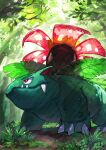  absurdres bright_pupils claws closed_mouth commentary_request day fangs fangs_out grass highres narumi_hyou no_humans outdoors pokemon pokemon_(creature) red_eyes solo standing tree venusaur white_pupils 