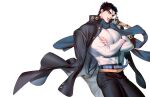  1boy belt black_coat black_hair black_pants blue_eyes chain coat coat_on_shoulders crossed_arms highres hug jojo_no_kimyou_na_bouken korean_commentary kujo_jotaro large_pectorals lemona633 long_coat long_sleeves male_focus multiple_belts muscular muscular_male pants pectorals scarf short_hair simple_background smile solo stardust_crusaders sweater white_background 