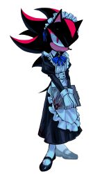  1boy absurdres alternate_costume animal_ears animal_nose apron black_dress black_fur black_shoes blood blood_splatter blue_bow bow closed_mouth crossdressing dress enmaided full_body furry furry_male gloves hedgehog_boy highres holding holding_plate long_hair looking_at_viewer maid maid_apron maid_headdress male_focus pantyhose plate red_eyes red_fur sa1k_a shadow_the_hedgehog shoes short_tail simple_background solo sonic_(series) standing tail two-tone_fur white_apron white_background white_gloves white_pantyhose 
