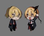  1boy 1girl :d black_coat blonde_hair chibi closed_mouth coat collared_shirt commentary_request crying crying_with_eyes_open don_quixote_(limbus_company) grey_background limbus_company long_sleeves mu46016419 necktie no_nose open_clothes open_coat open_mouth peccatulum_irae project_moon red_necktie shirt short_hair simple_background sinclair_(limbus_company) smile tears white_shirt yellow_eyes 