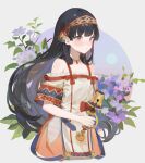  1girl atelier_(series) atelier_shallie bangs bell black_hair blush closed_mouth dress flower gigi_wins hairband highres holding holding_bell jewelry long_hair looking_at_viewer necklace shallistera_(atelier) solo very_long_hair violet_eyes 