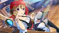  1girl akasaka_miyuki barrel belt belt_buckle black_belt black_boots boots bracelet brown_hair buckle dress dutch_angle frilled_dress frills full_body game_cg grey_thighhighs hair_between_eyes head_tilt headband highres higurashi_no_naku_koro_ni higurashi_no_naku_koro_ni_mei holding holding_compass holding_telescope jewelry knee_up lens_flare non-web_source off-shoulder_dress off_shoulder official_art on_barrel parted_lips pirate pirate_costume pirate_ship railing ratline red_headband short_hair sitting solo sparkle stairs telescope thigh-highs violet_eyes white_dress wooden_box wooden_floor 