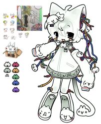 1girl 2000s_(style) 2channel ahoge animal_ears bomal1215 cable cable_hair cat_ears cat_girl cat_tail character_hair_ornament colored_skin commentary detached_sleeves dress english_commentary fang grey_eyes hair_ornament highres kaomoji looking_at_viewer mona_(2ch) open_mouth original personification short_hair simple_background smile solo tail white_background white_dress white_hair white_skin wire zipper_pull_tab 