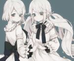  2girls bizet blue_eyes braid closed_mouth colored_skin commentary_request dress expressionless gothic gothic_lolita highres lolita_fashion long_hair low_twintails multiple_girls original short_hair siblings twins twintails very_long_hair white_skin 