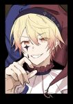  1boy black_border blonde_hair border commentary eyes_visible_through_hair facial_mark frills grin hair_between_eyes hand_up hat highres jester jester_cap looking_at_viewer male_focus mikanshino official_alternate_costume outside_border project_sekai short_hair smile solo star_(symbol) star_print symbol-only_commentary ten_no_hate_no_phoenix_e_(project_sekai) tenma_tsukasa yellow_eyes 