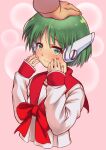  1girl android blush bow collarbone disembodied_limb green_eyes green_hair hand_on_another&#039;s_head highres multi_(to_heart) piano-alice pink_background red_bow red_sailor_collar robot_ears sailor_collar school_uniform short_hair sleeves_past_wrists smile solo_focus to_heart 