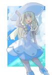  1girl :d arm_up bare_arms blonde_hair blush border braid clouds collared_dress commentary_request day dress eyelashes green_eyes hand_on_headwear hat kneehighs lillie_(pokemon) long_hair looking_at_viewer marutoko45 open_mouth outdoors pokemon pokemon_(game) pokemon_sm sky sleeveless sleeveless_dress smile socks solo sun_hat sundress teeth twin_braids upper_teeth_only white_border white_dress white_headwear 