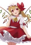  1girl :d \||/ ascot bat_wings blonde_hair bloomers blush bow collar commentary cowboy_shot crystal facing_viewer flandre_scarlet frilled_ascot frilled_collar frilled_skirt frills hair_between_eyes hand_up happy hat hat_bow hat_ribbon head_tilt highres kamachi_(kamati0maru) long_hair looking_at_viewer mob_cap open_mouth puffy_short_sleeves puffy_sleeves rainbow_order red_bow red_eyes red_ribbon red_skirt red_vest ribbon sailor_collar shirt short_sleeves side_ponytail simple_background skirt smile solo standing touhou underwear vest waving white_background white_bloomers white_headwear white_sailor_collar white_shirt wings yellow_ascot 