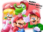  1girl 3boys artist_name big_nose blonde_hair blue_eyes blue_overalls brooch brothers brown_hair closed_eyes colored_skin dinosaur dress elbow_gloves facial_hair fake_facial_hair fake_mustache gloves green_shirt green_skin hat highres jewelry lipstick long_hair long_sleeves luigi makeup mario mario_day mario_dragon multiple_boys mustache overalls pink_dress pink_lips princess_peach puffy_short_sleeves puffy_sleeves red_headwear red_shirt reptile shirt short_sleeves siblings sphere_earrings super_mario_bros. twitter_username white_gloves yoshi 