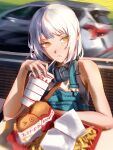  1girl absurdres bangs burger car chainsaw_man denim_apron drink drinking_straw earrings fami_(chainsaw_man) family_burger_(chainsaw_man) family_burger_mascot_(chainsaw_man) food french_fries headphones headphones_around_neck highres jewelry kozzz_y looking_to_the_side mole mole_under_eye mole_under_mouth motion_blur motor_vehicle multiple_moles ringed_eyes short_hair solo suspenders tank_top tassel tassel_earrings white_hair white_tank_top yellow_eyes 